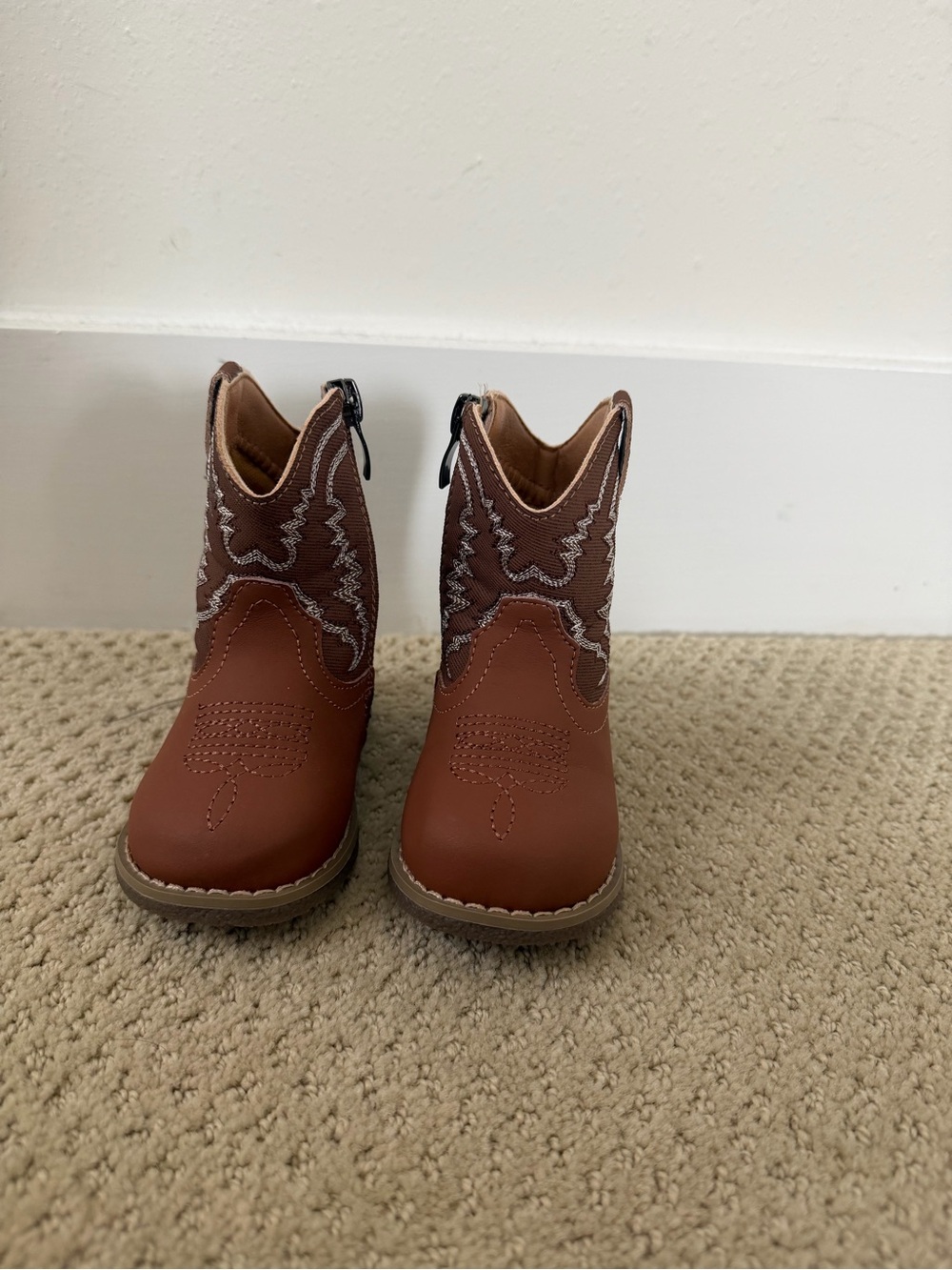 Baby Brown Leather Cowboy Boots with Decorative Stitching - 18-24 M